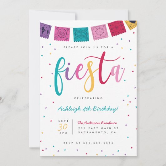 メキシカラフルコ文字フィエスタキッズ誕生日 招待状 (正面)