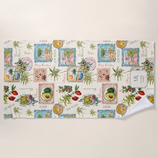 メキシカラフルコ旅行プリントモノグラム ビーチタオル (正面)