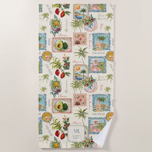 メキシカラフルコ旅行プリントモノグラム ビーチタオル (正面)