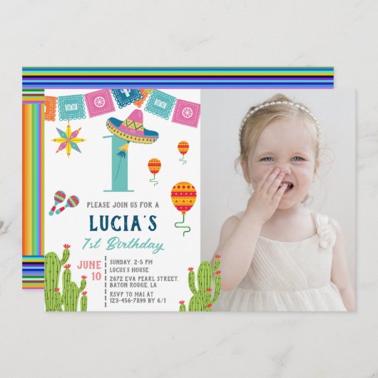 メキシカラフルコ・フィエスタ・サボス写真第1誕生日 招待状 (正面/裏面)