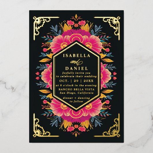 メキシカンはっきりしたラン素朴チョフラワー結婚金ゴールド 箔招待状 (正面)