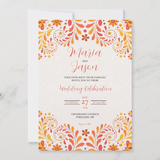 メキシカンオレンジレッドイエローバタフライ結婚フローラ 招待状 (正面)