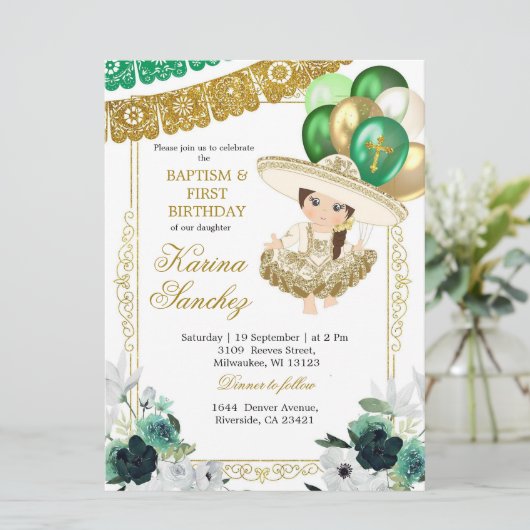 メキシカングリーン金ゴールドガールバプテスマと誕生日 招待状 (スタンド正面)