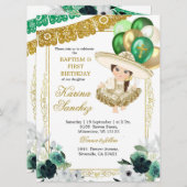 メキシカングリーン金ゴールドガールバプテスマと誕生日 招待状 (正面/裏面)