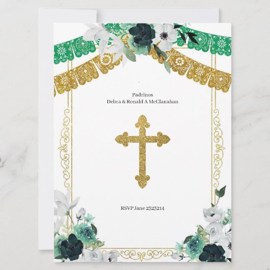 メキシカングリーン金ゴールドガールバプテスマと誕生日 招待状 (裏面)