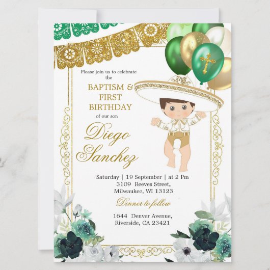 メキシカングリーン金ゴールドシャルロバプテスマと誕生日 招待状 (正面)