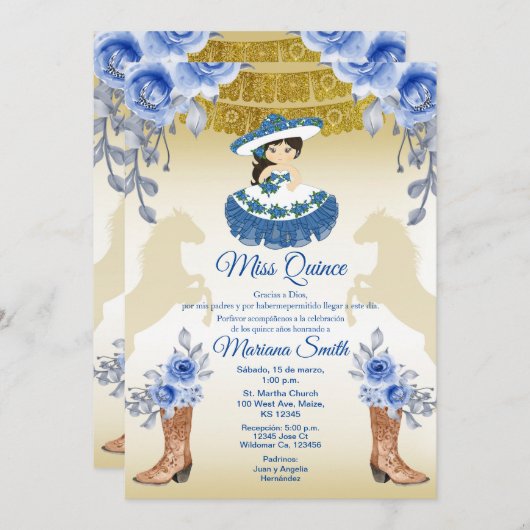 メキシカンゴールドブルーローズフラワーズキンセアニエラ 招待状 (正面/裏面)