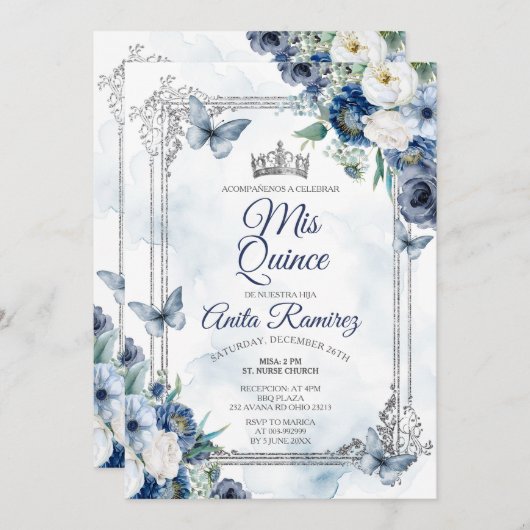 メキシカンシルバークラウン&ネイビーブルーバラMIS QUINCE 招待状 (正面/裏面)