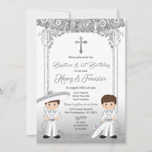 メキシカンシルバーツインボーイ洗礼と誕生日 招待状 (正面)