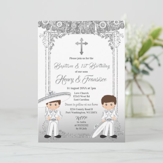 メキシカンシルバーツインボーイ洗礼と誕生日 招待状 (スタンド正面)