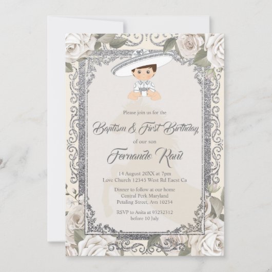 メキシカンシルバーフィエスタボーイバプテスマと誕生日 招待状 (正面)