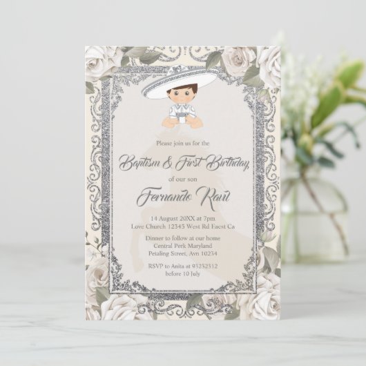 メキシカンシルバーフィエスタボーイバプテスマと誕生日 招待状 (スタンド正面)