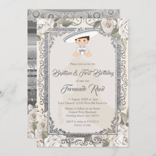 メキシカンシルバーフィエスタボーイバプテスマと誕生日 招待状 (正面/裏面)