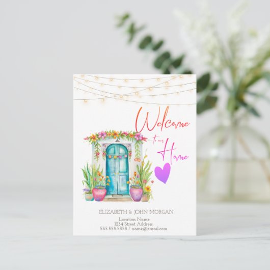 メキシカンスタイルの花の家のドアのお知らせ 案内ポストカード (スタンド正面)
