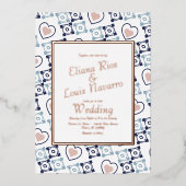 メキシカンタイルハートタラベラブルー結婚ズプレス 箔招待状 (正面)