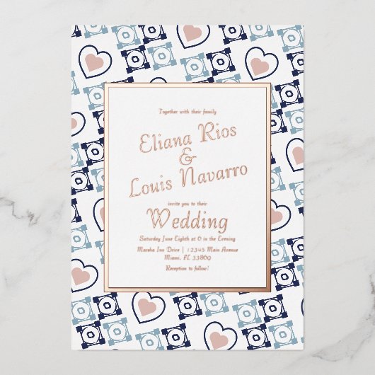 メキシカンタイルハートタラベラブルー結婚ズプレス 箔招待状 (正面)