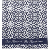 メキシカンタイルブルーとホワイトレイクハウスデコール シャワーカーテン (正面)