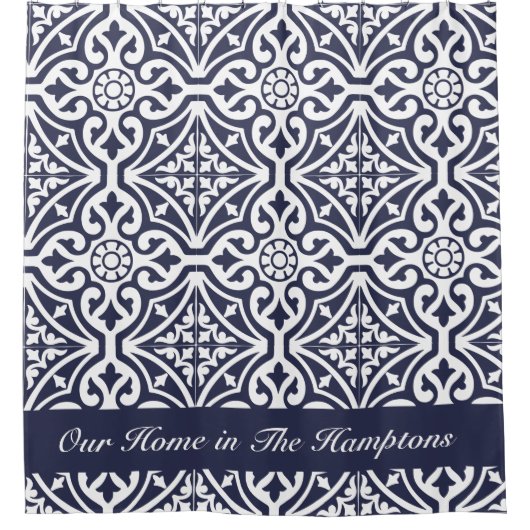 メキシカンタイルブルーとホワイトレイクハウスデコール シャワーカーテン (正面)