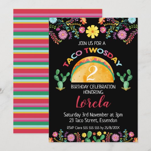 メキシカンタコツーデイ 2歳の誕生日おめでとう招待状 招待状 (正面/裏面)