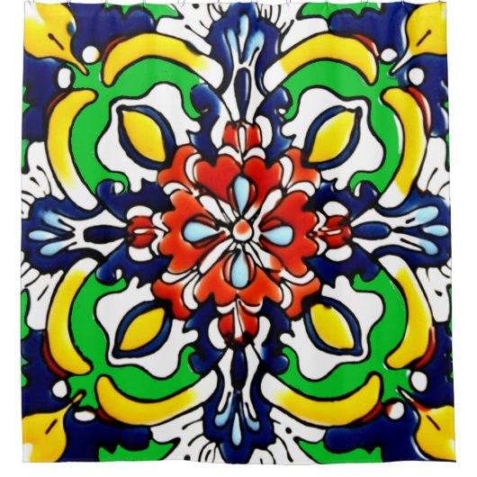 メキシカンタラベラテラコッタタイルデザインNo. 7 シャワーカーテン (正面)