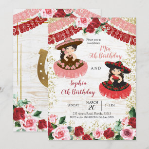 メキシカンチャラピンクと赤いバラの姉妹誕生日 招待状