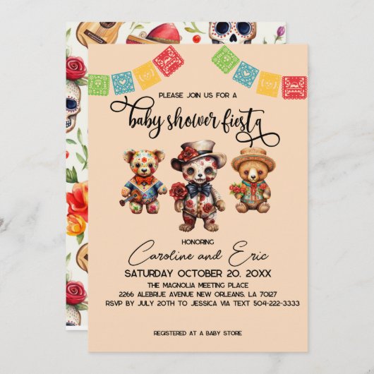 メキシカンディーアデロスムエルトスベビーシャワーフィエスタ 招待状 (正面/裏面)