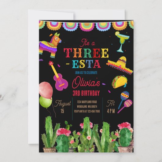 メキシカンバナーフィエスタスリーエスタガール誕生日 招待状 (正面)