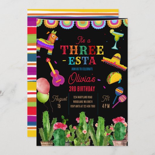メキシカンバナーフィエスタスリーエスタガール誕生日 招待状 (正面/裏面)