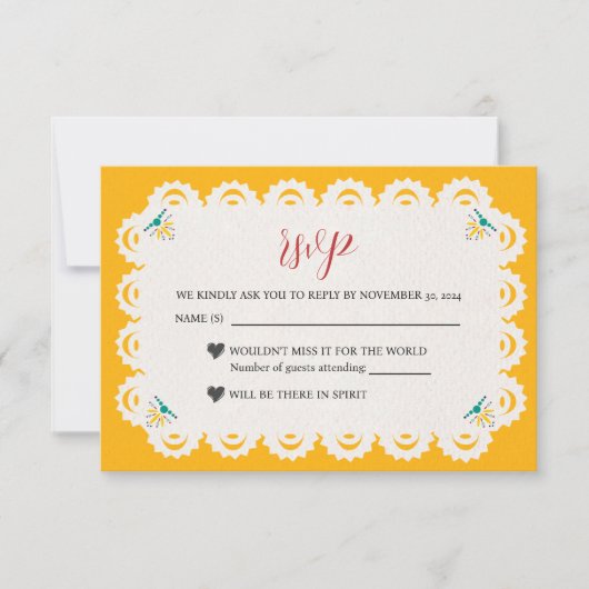 メキシカンパペルピカドイエローヌエストラ結婚ボダ 出欠カード (正面)