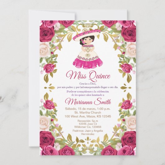 メキシカンピンクのバラの花 キンセアニェラ 招待状 (正面)