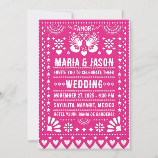 メキシカンピンクパペルピカドフィエスタフォークアー結婚ト 招待状 (正面)