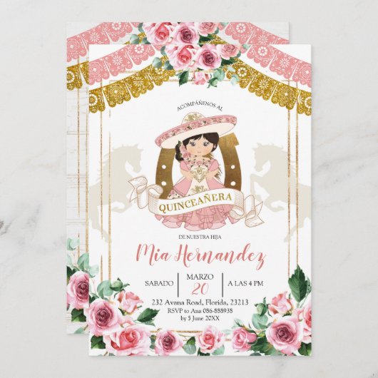 メキシカンピンクローズチャラ 15歳の誕生日招待状 招待状 (正面/裏面)