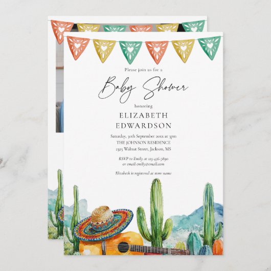 メキシカンフィエスタウォーターカラーサボテン写真ベビーシャワー 招待状 (正面/裏面)