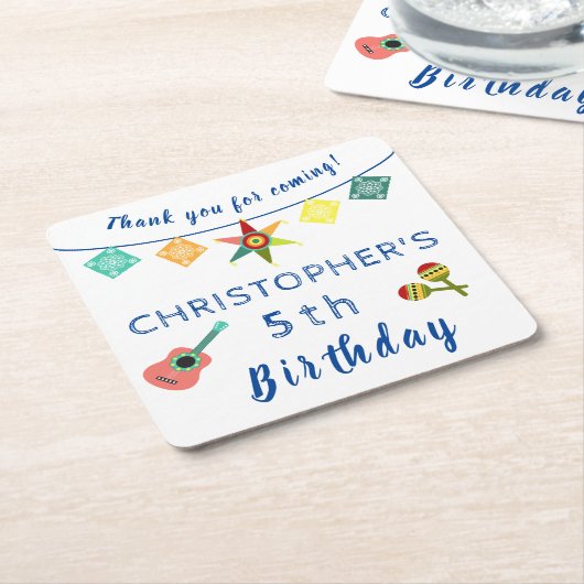 メキシカンフィエスタカラフルおもしろい子供の誕生日パーティー スクエアペーパーコースター (アングル)