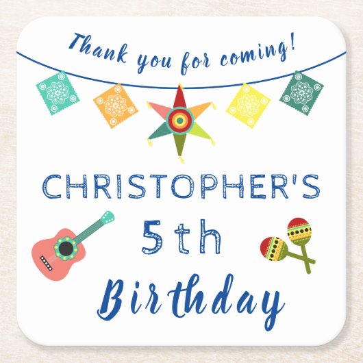 メキシカンフィエスタカラフルおもしろい子供の誕生日パーティー スクエアペーパーコースター (正面)