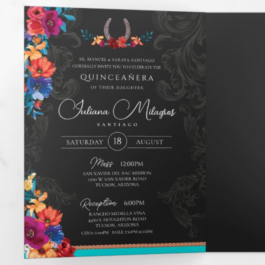 メキシカンフィエスタカラフルフローラシャルロキンセアニェラ 三つ折り招待状 (内部最初)