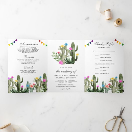 メキシカンフィエスタサボテンフローラ結婚すべて 三つ折り招待状 (内部)