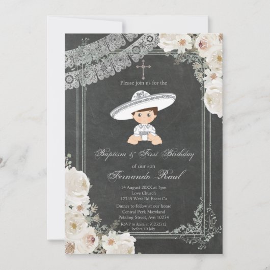 メキシカンフィエスタシルバーボーイバプテスマと誕生日 招待状 (正面)