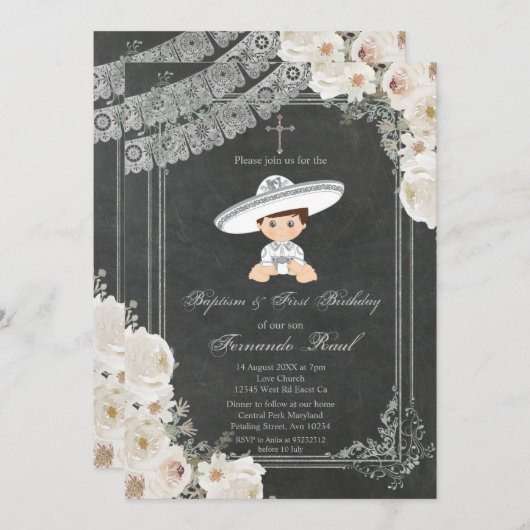 メキシカンフィエスタシルバーボーイバプテスマと誕生日 招待状 (正面/裏面)