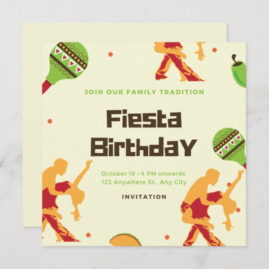 メキシカンフィエスタスペインのダンスカップル誕生日 招待状 (正面/裏面)