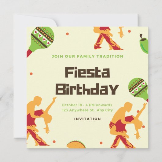 メキシカンフィエスタスペインのダンスカップル誕生日 招待状 (正面)