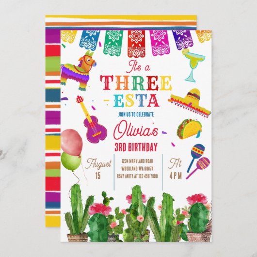 メキシカンフィエスタスリーエスタ3rdガールバースデーパーティー 招待状 (正面/裏面)