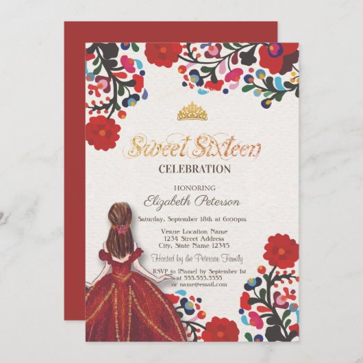 メキシカンフィエスタドレスティアラフラワーズスウィート16 招待状 (正面/裏面)