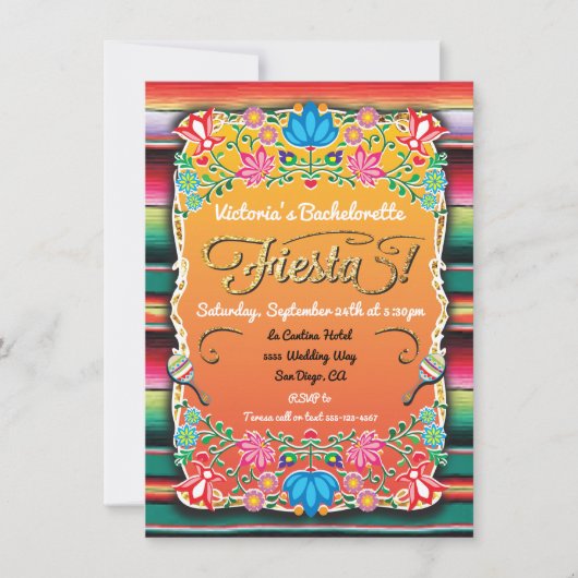 メキシカンフィエスタバチェロレッテ金ゴールドグリッター 招待状 (正面)