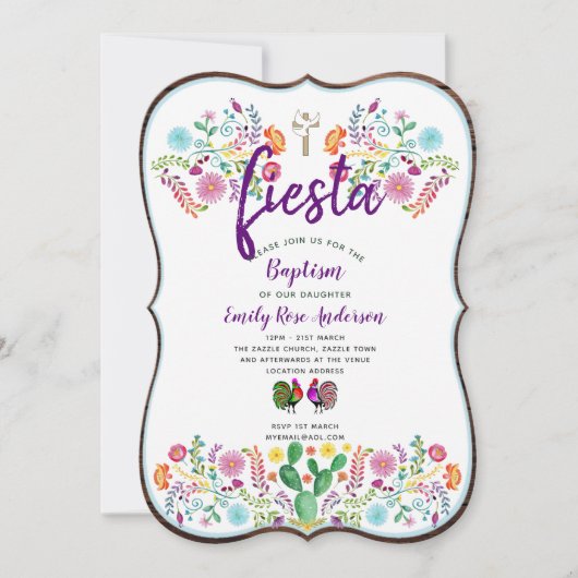 メキシカンフィエスタバプテスマ素朴フォーク花 招待状 (正面)