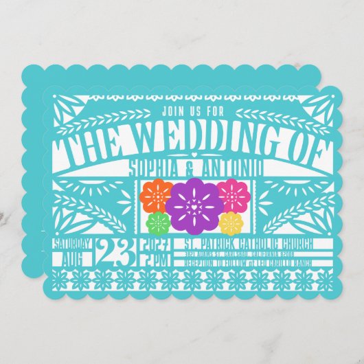 メキシカンフィエスタパペルピカド国旗のティール（緑がかった色）結婚ズ 招待状 (正面/裏面)