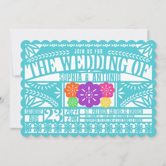 メキシカンフィエスタパペルピカド国旗のティール（緑がかった色）結婚ズ 招待状 (正面)