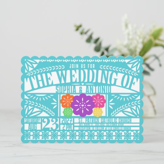 メキシカンフィエスタパペルピカド国旗のティール（緑がかった色）結婚ズ 招待状 (スタンド正面)