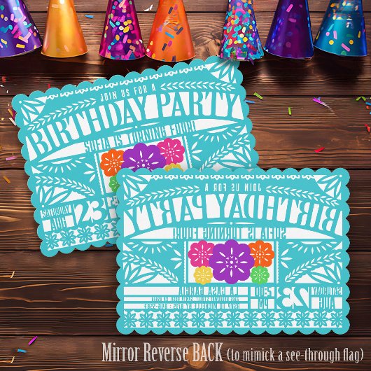 メキシカンフィエスタパペルピカド国旗のティール（緑がかった色）誕生日 招待状