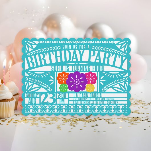 メキシカンフィエスタパペルピカド国旗のティール(緑がかった色)誕生日 招待状